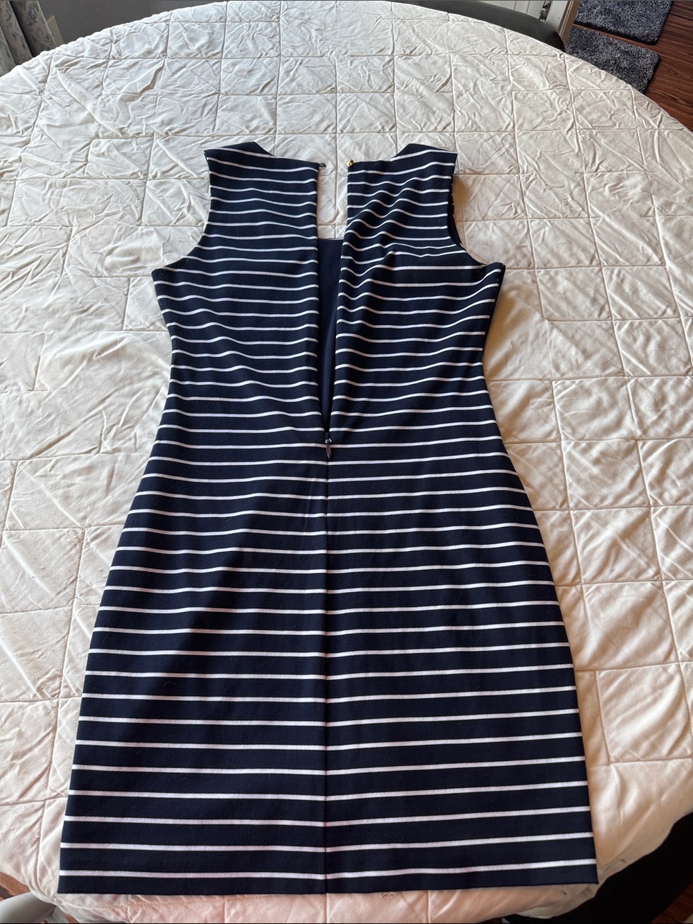 GUESS Navy and White Striped Midi Sheath Dress